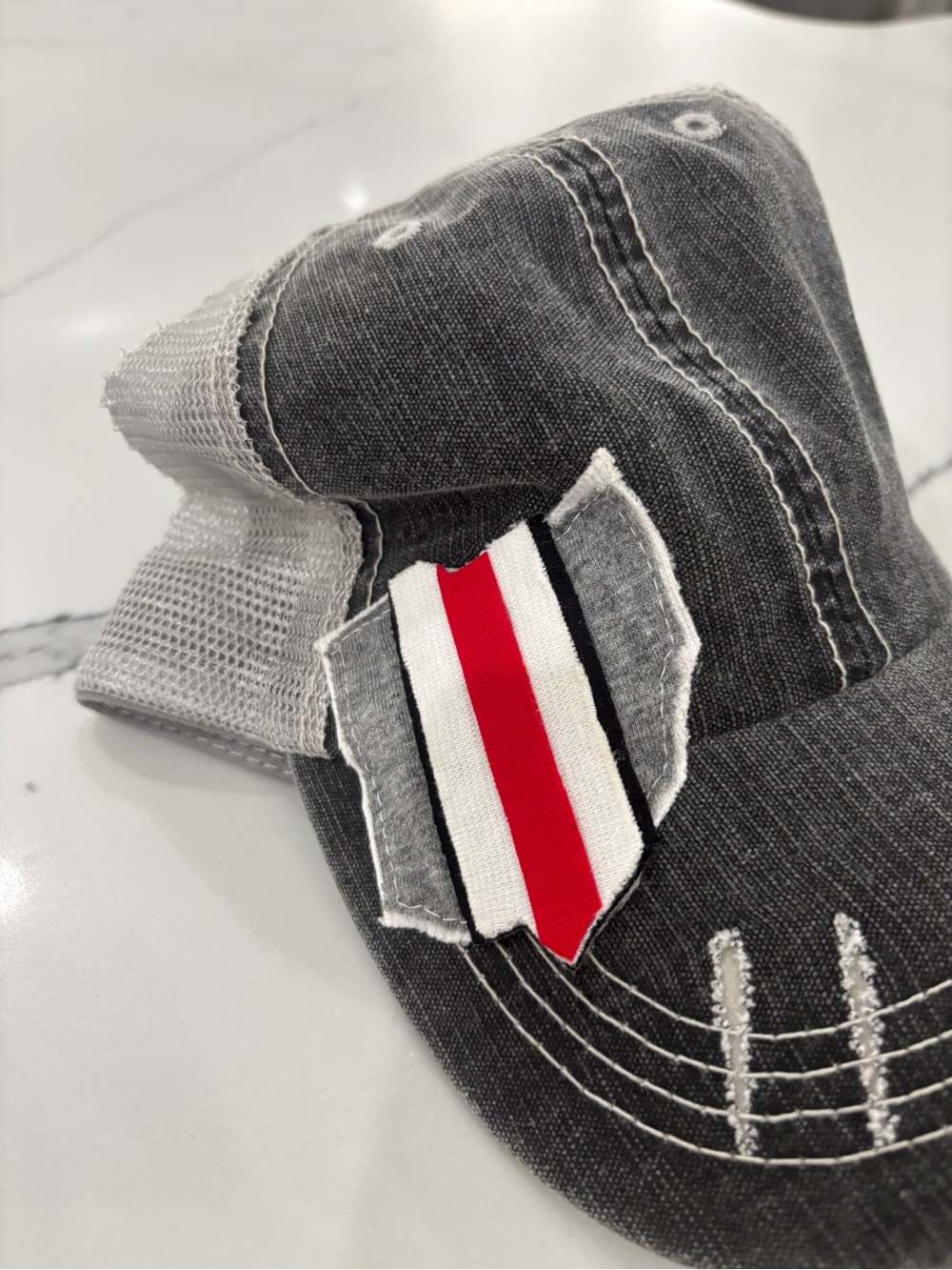 Women's Washed Gray Mesh-Back Cap with Red Stripe Accent